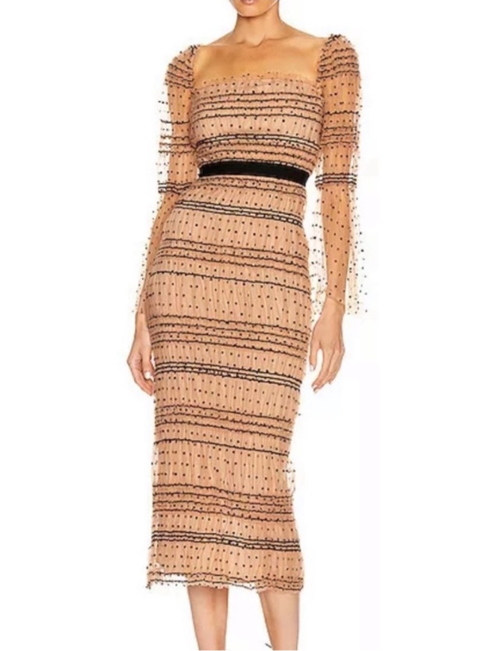 NEW Self-Portrait Shirred Polka Dot Midi Dress US Size 8 Nude Black Cocktail NWT